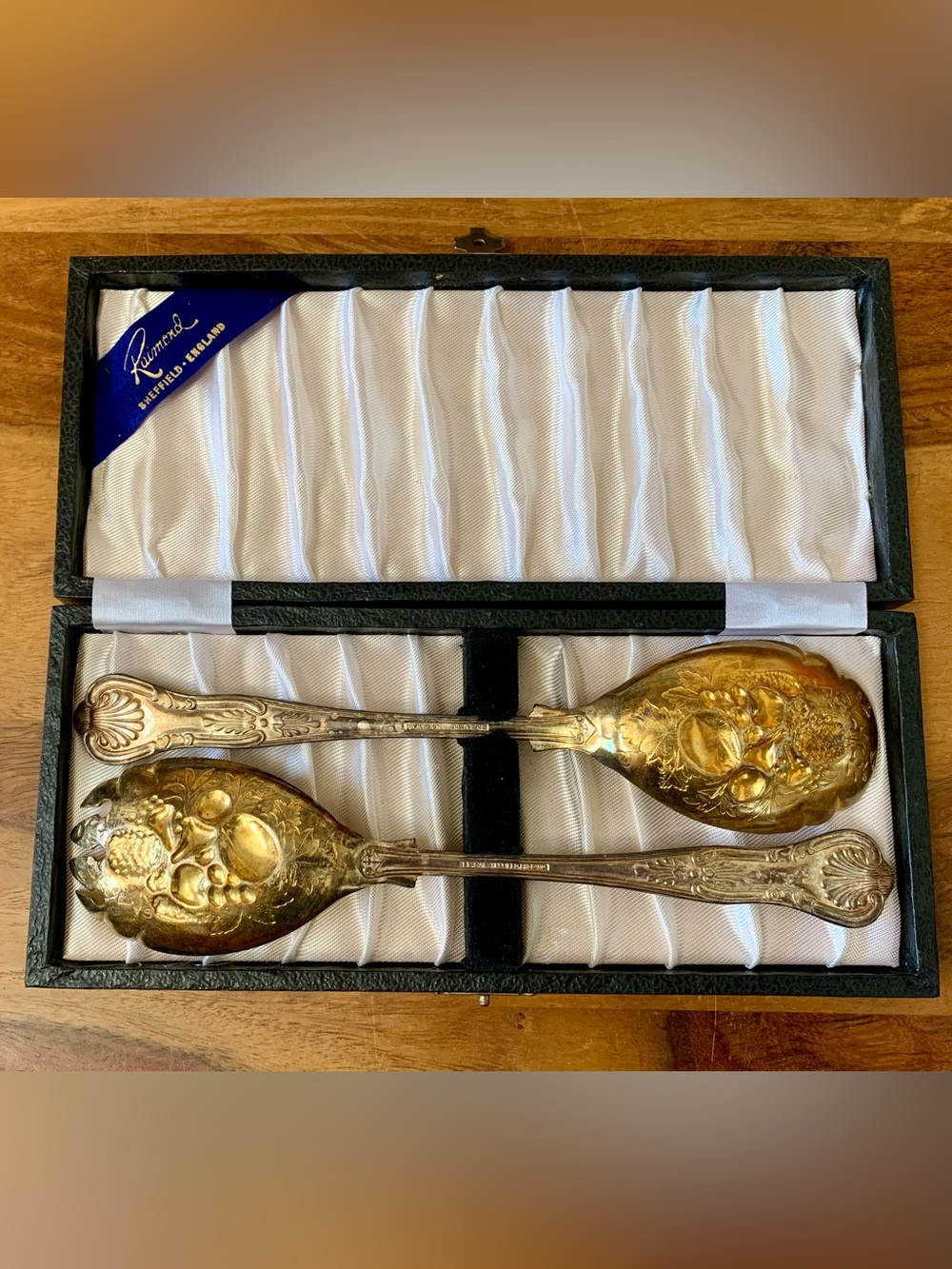 Vintage Raimond Sheffield England Gold Plated Sterling Salad Serving Set In Box